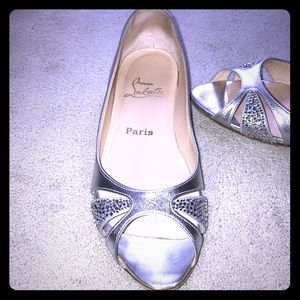 Christian Louboutin silver crystal peep toe flats